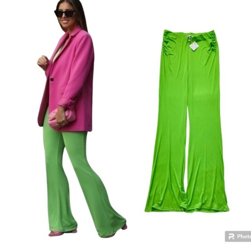ZARA FLARED RUCHED PANTS Intense Green Sz L WMNS NWT INTENSE GREEN